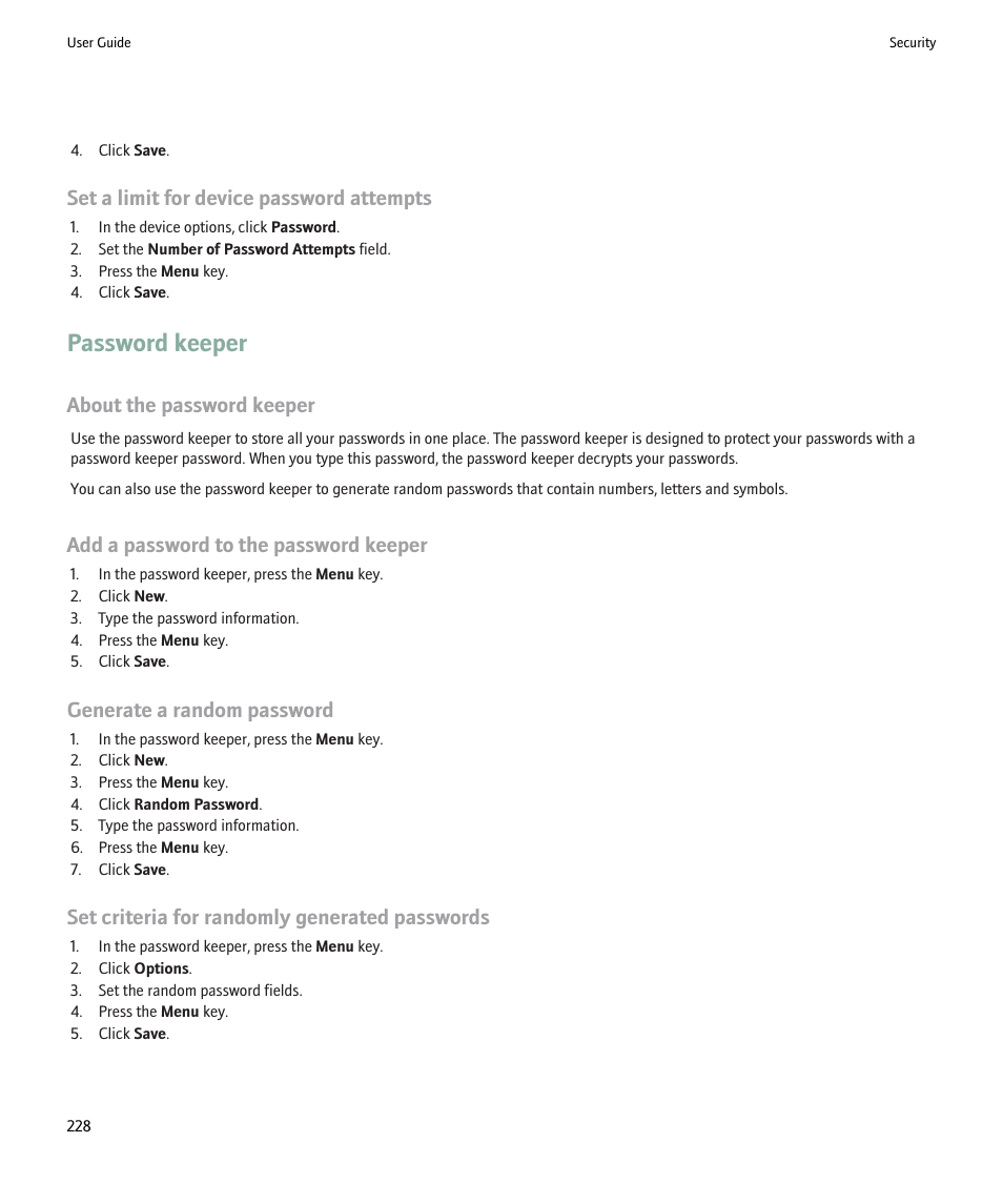 Password keeper, Set a limit for device password attempts, About the password keeper | Add a password to the password keeper, Generate a random password, Set criteria for randomly generated passwords | Blackberry Pearl 8220 User Manual | Page 230 / 277