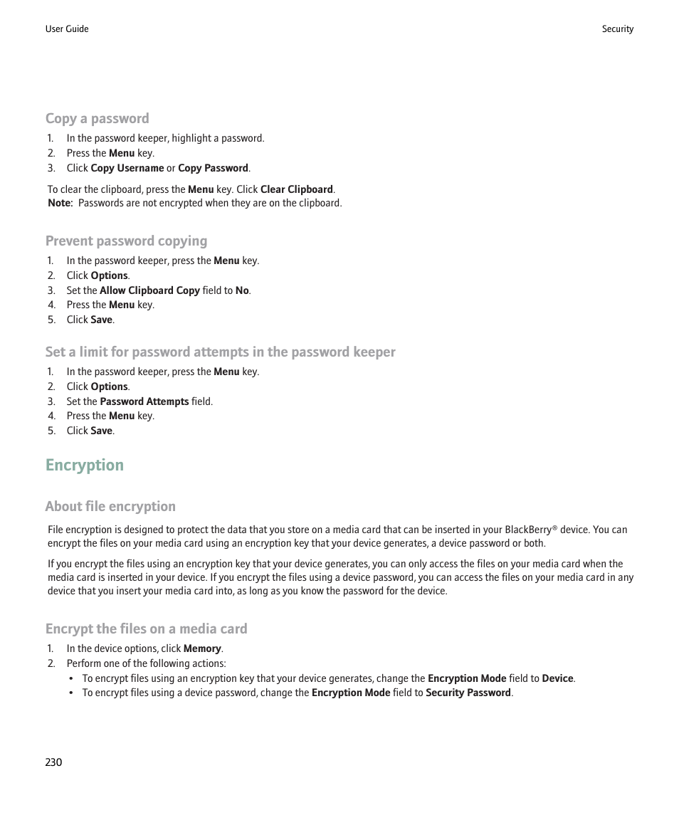 Encryption, Copy a password, Prevent password copying | About file encryption, Encrypt the files on a media card | Blackberry Pearl 8220 User Manual | Page 232 / 277