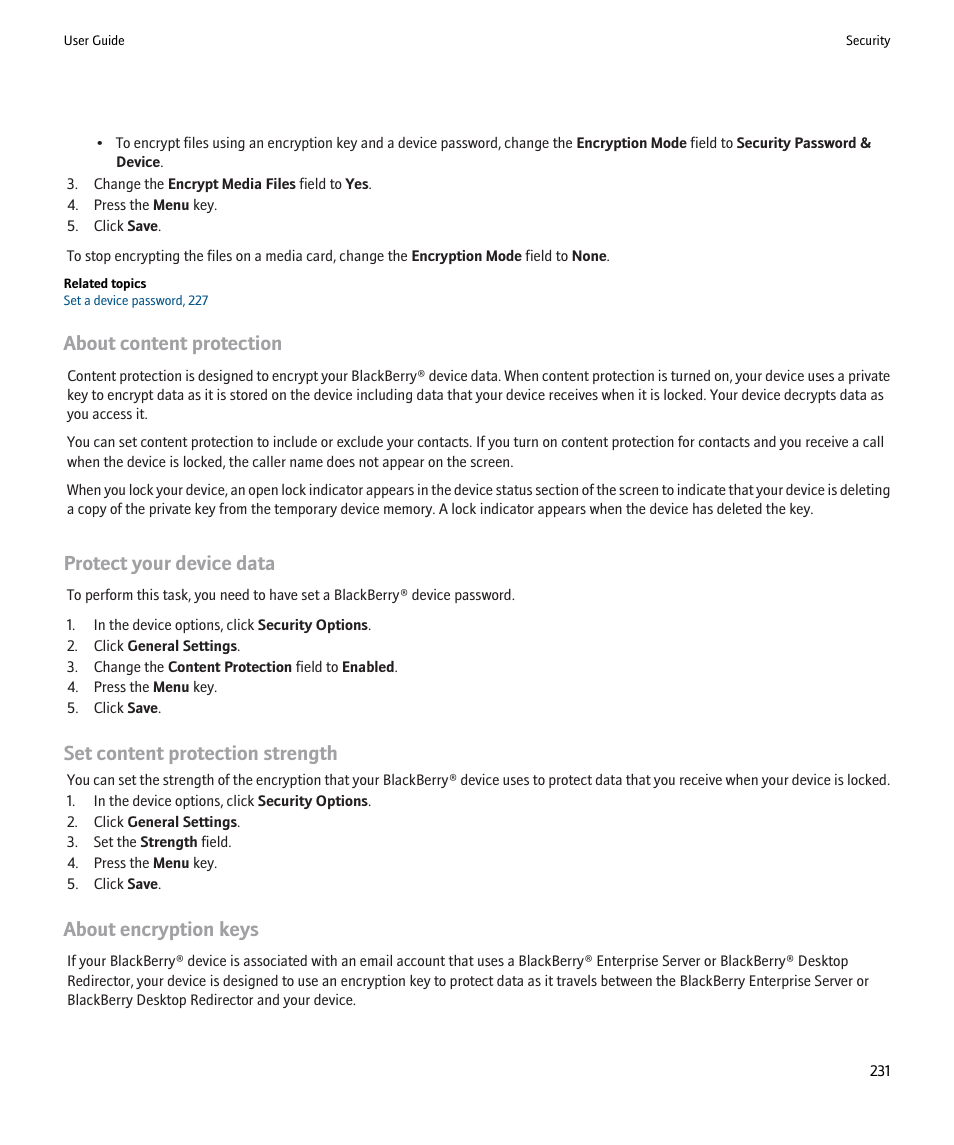 About content protection, Protect your device data, Set content protection strength | About encryption keys | Blackberry Pearl 8220 User Manual | Page 233 / 277