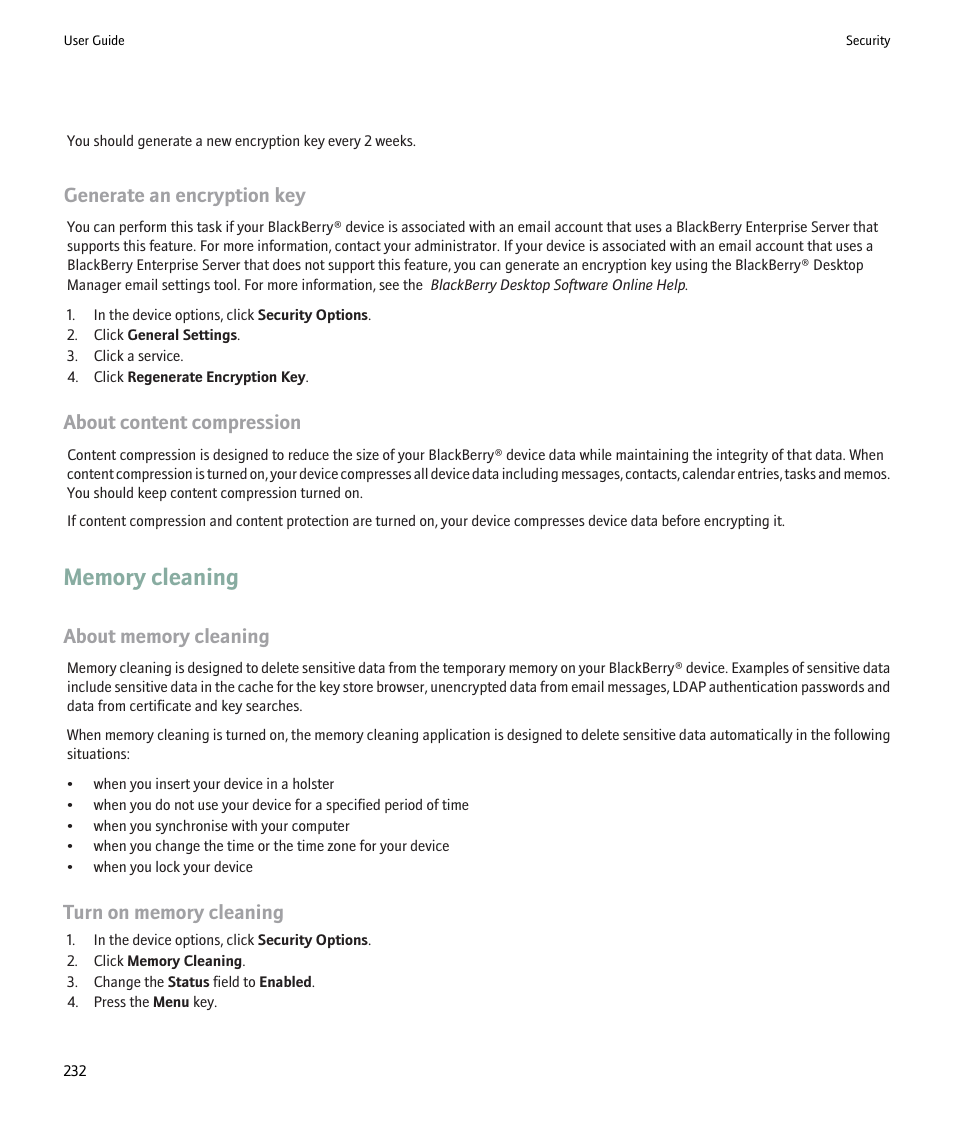 Memory cleaning, Generate an encryption key, 232, Generate an encryption key | About content compression | Blackberry Pearl 8220 User Manual | Page 234 / 277