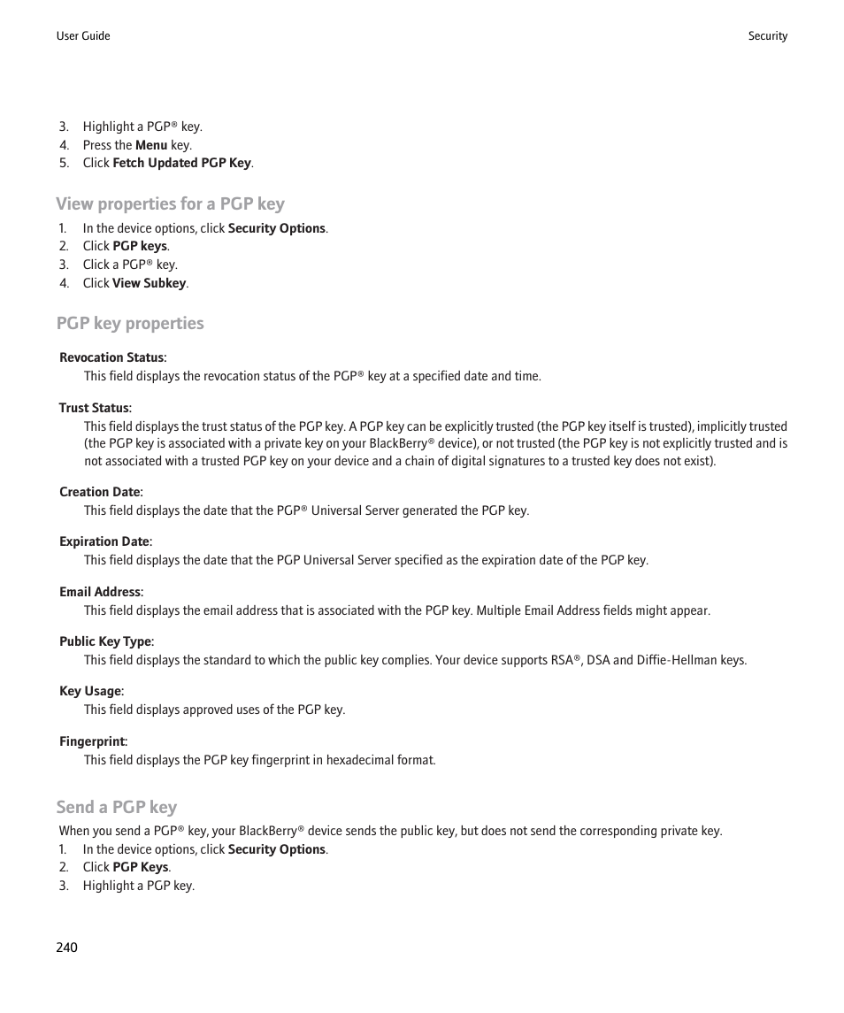 View properties for a pgp key, Pgp key properties, Send a pgp key | Blackberry Pearl 8220 User Manual | Page 242 / 277