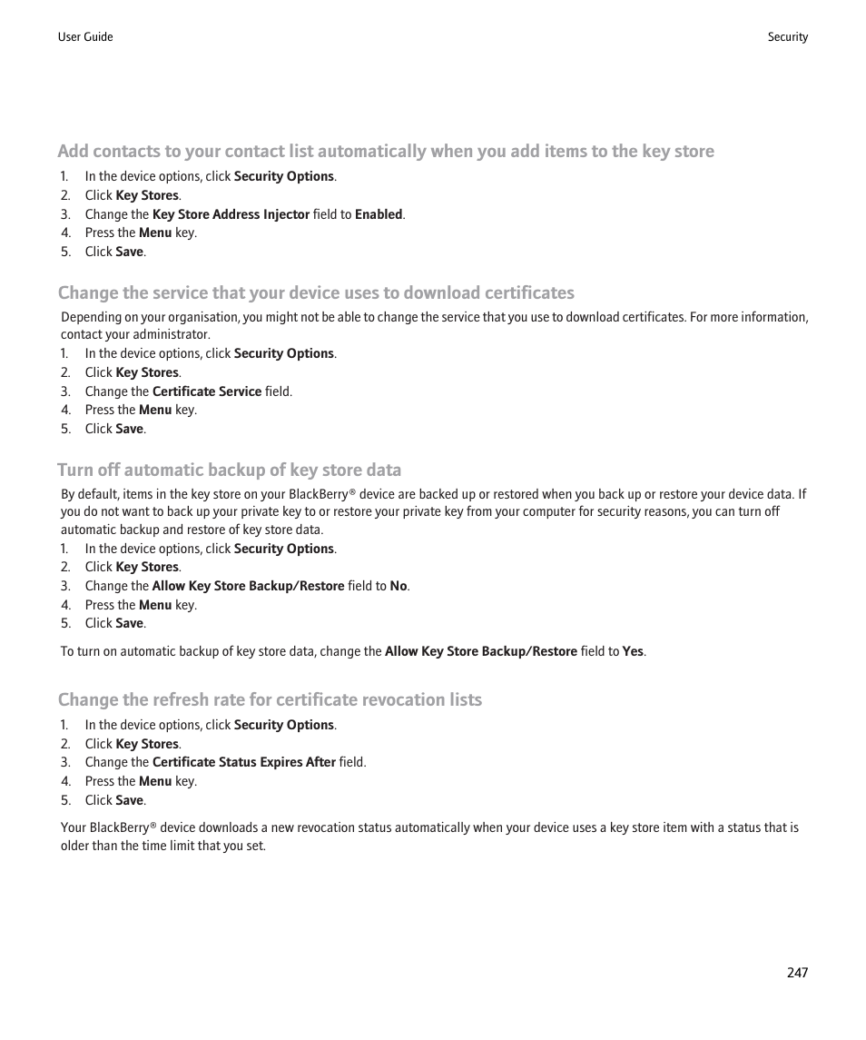 Turn off automatic backup of key store data | Blackberry Pearl 8220 User Manual | Page 249 / 277