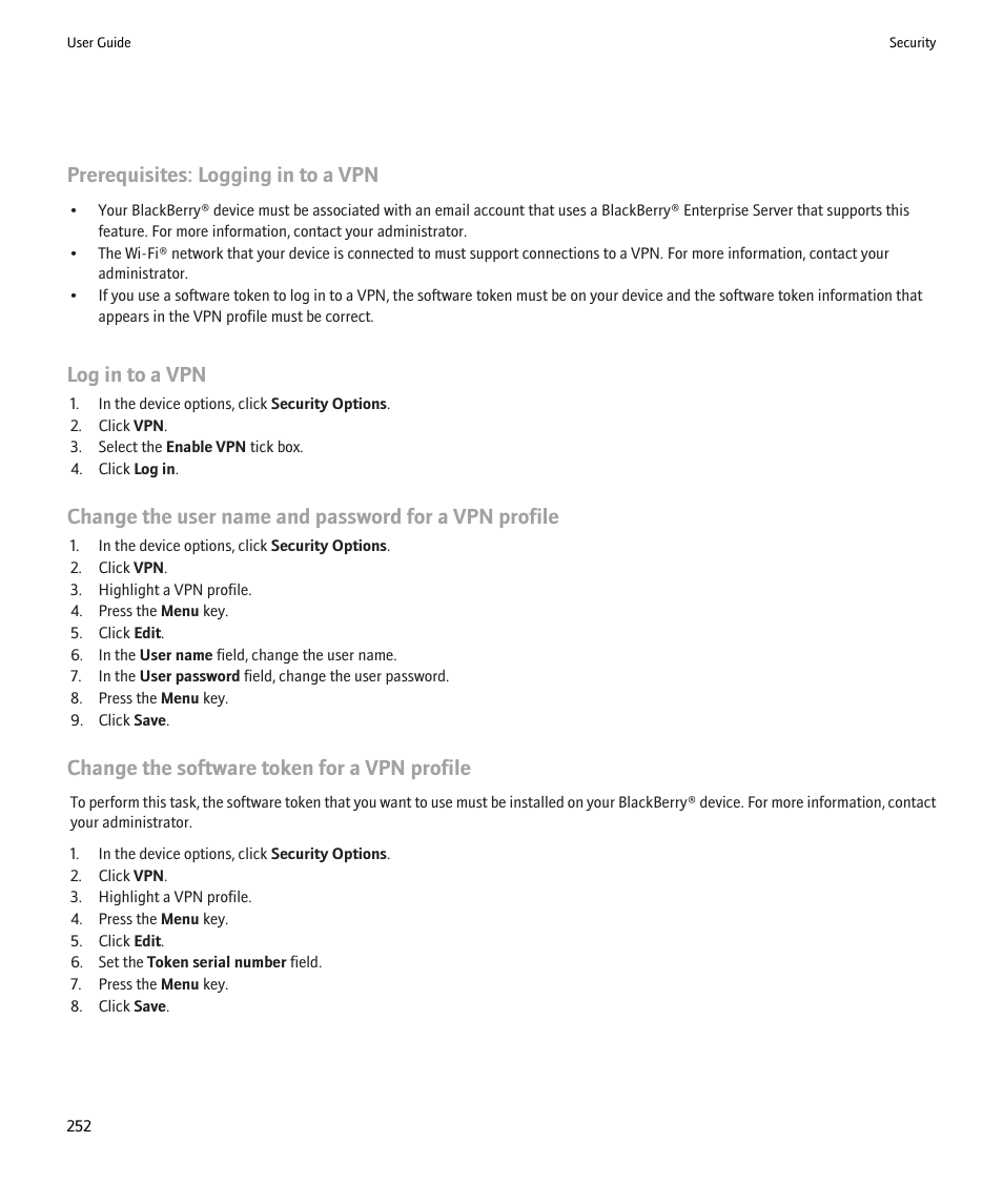 Prerequisites: logging in to a vpn, Log in to a vpn, Change the software token for a vpn profile | Blackberry Pearl 8220 User Manual | Page 254 / 277