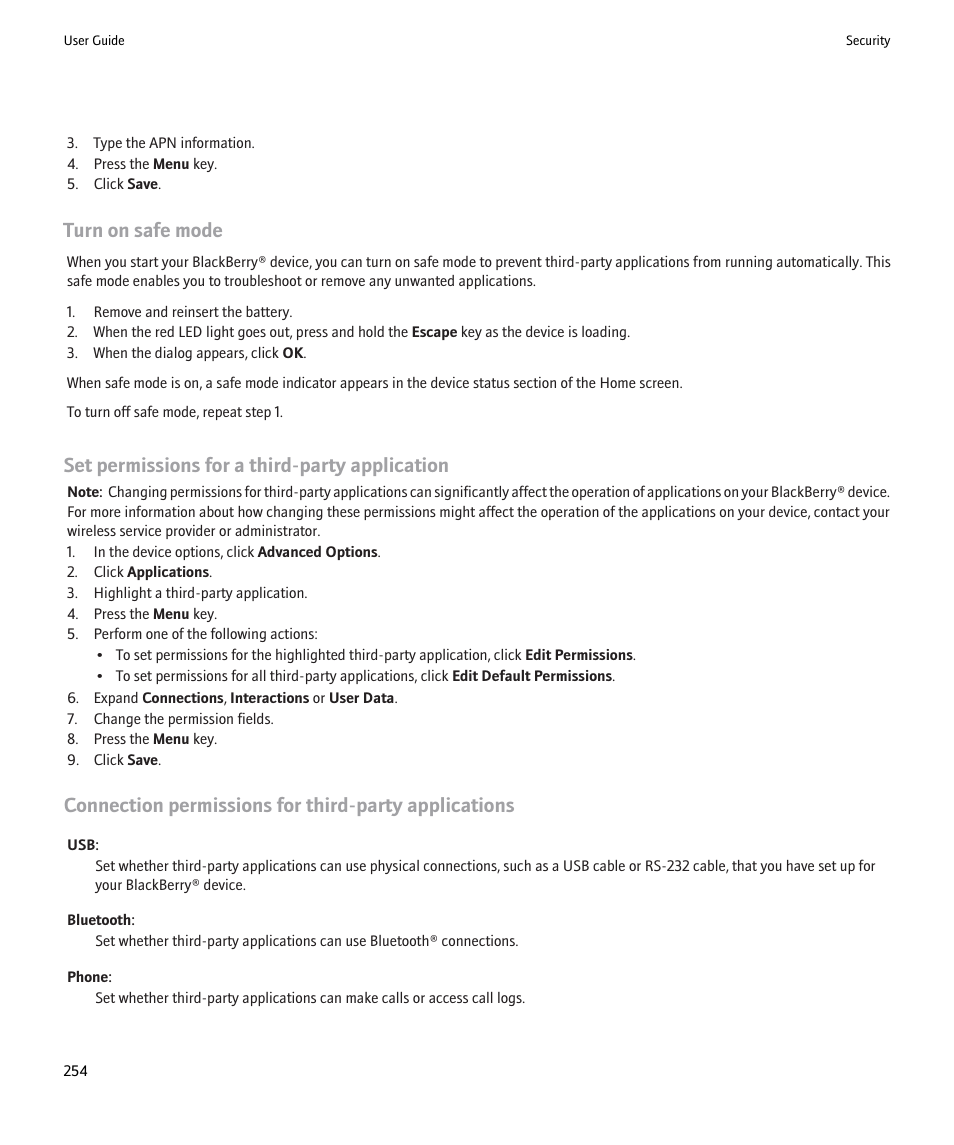 Turn on safe mode, Set permissions for a third-party application | Blackberry Pearl 8220 User Manual | Page 256 / 277