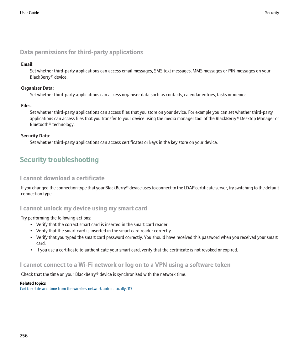 Security troubleshooting, Data permissions for third-party applications, I cannot download a certificate | I cannot unlock my device using my smart card | Blackberry Pearl 8220 User Manual | Page 258 / 277