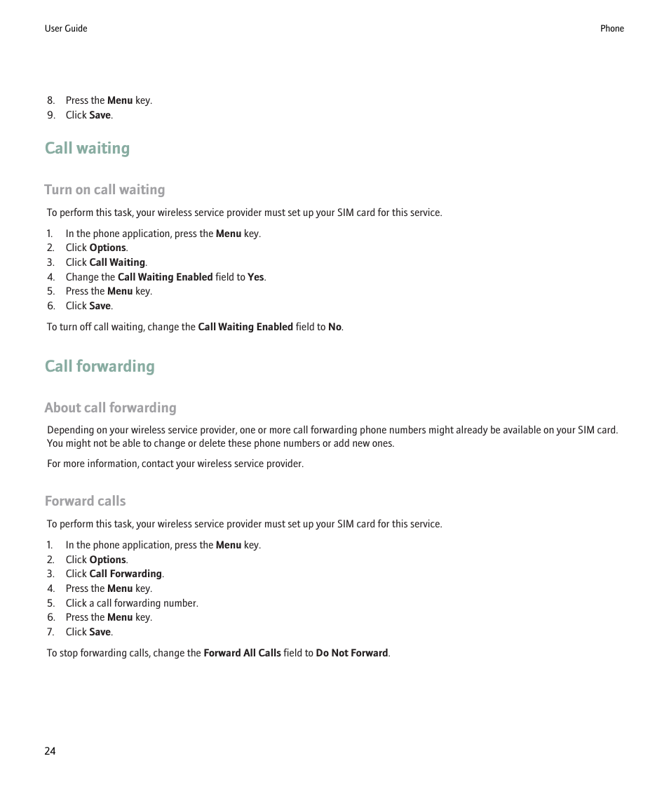 Call waiting, Call forwarding, Turn on call waiting | About call forwarding, Forward calls | Blackberry Pearl 8220 User Manual | Page 26 / 277