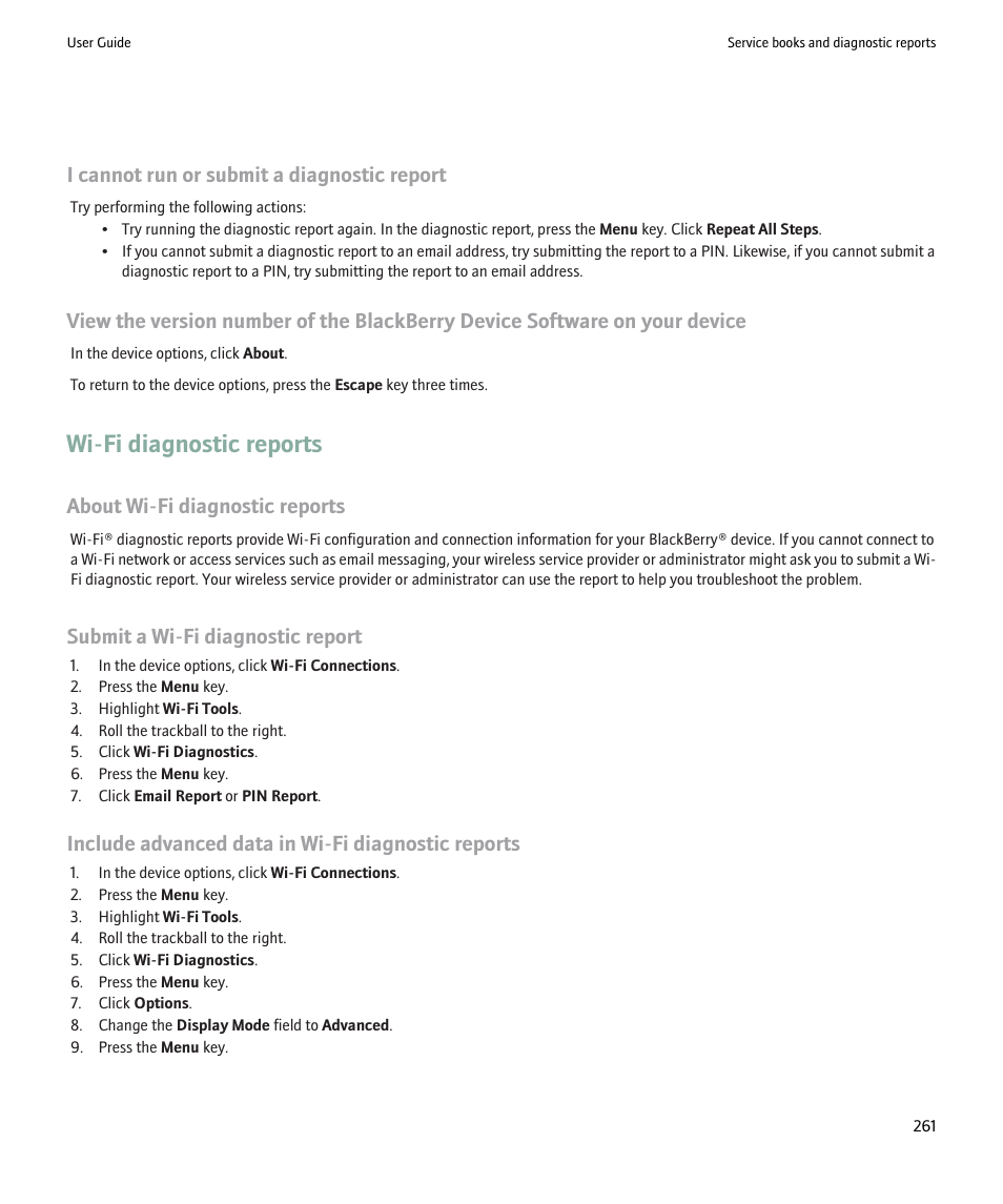 Wi-fi diagnostic reports, I cannot run or submit a diagnostic report, About wi-fi diagnostic reports | Submit a wi-fi diagnostic report, Include advanced data in wi-fi diagnostic reports | Blackberry Pearl 8220 User Manual | Page 263 / 277