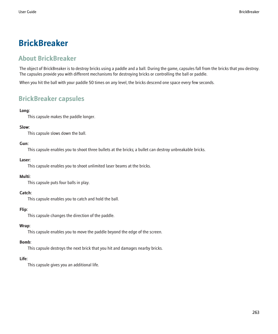Brickbreaker, About brickbreaker, Brickbreaker capsules | Blackberry Pearl 8220 User Manual | Page 265 / 277