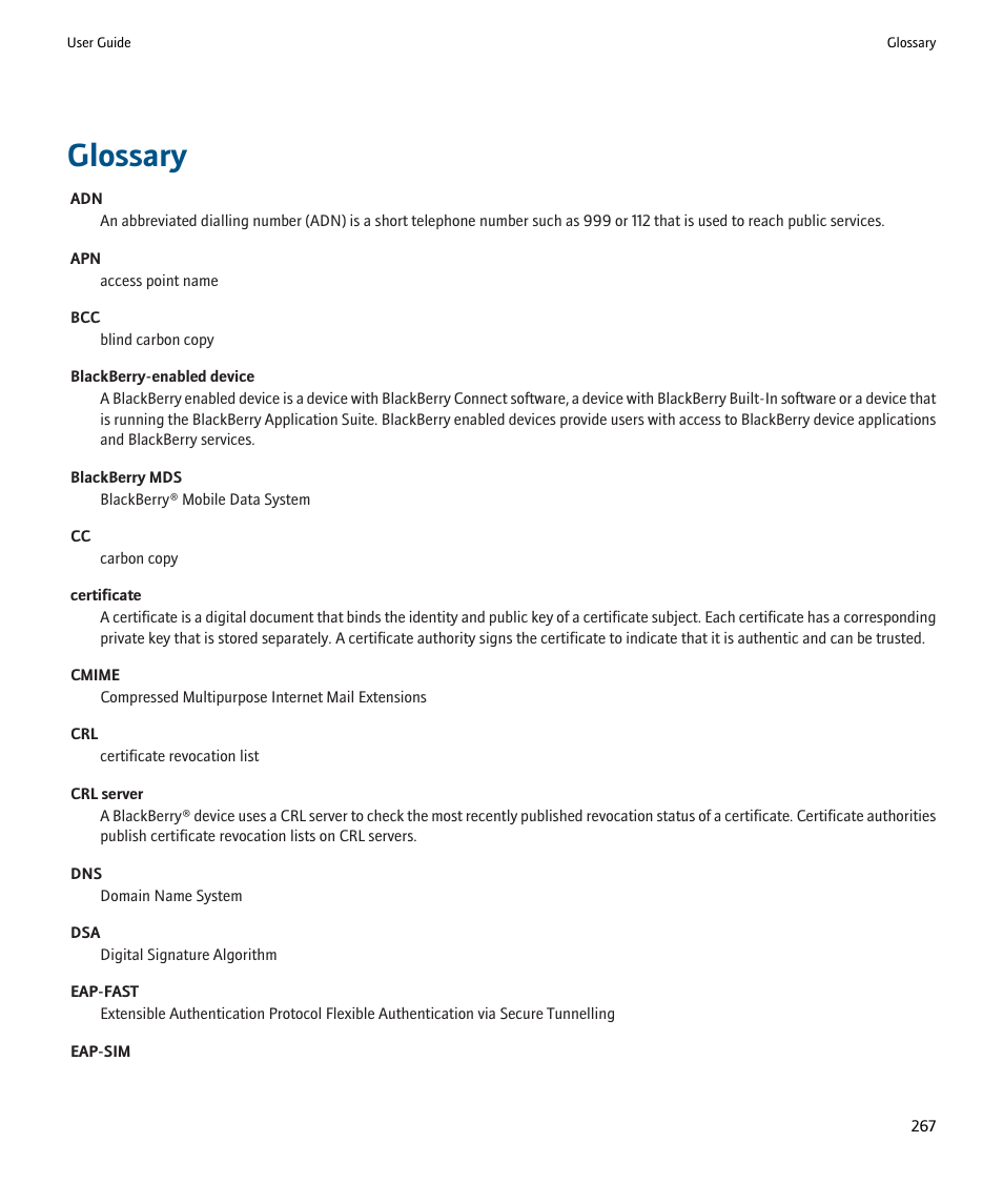 Glossary | Blackberry Pearl 8220 User Manual | Page 269 / 277