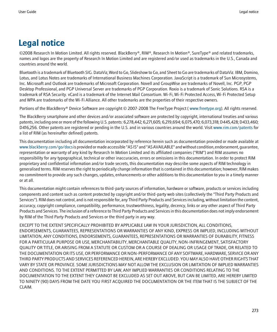 Legal notice | Blackberry Pearl 8220 User Manual | Page 275 / 277