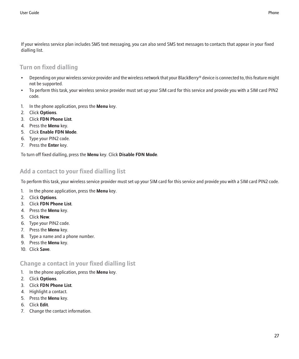 Turn on fixed dialling, Add a contact to your fixed dialling list, Change a contact in your fixed dialling list | Blackberry Pearl 8220 User Manual | Page 29 / 277