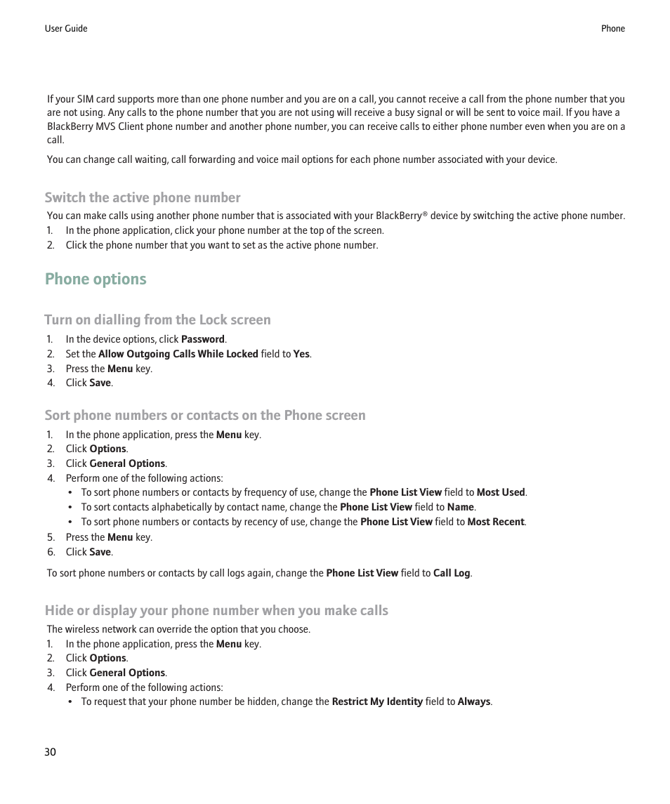 Phone options, Switch the active phone number, Turn on dialling from the lock screen | Sort phone numbers or contacts on the phone screen | Blackberry Pearl 8220 User Manual | Page 32 / 277