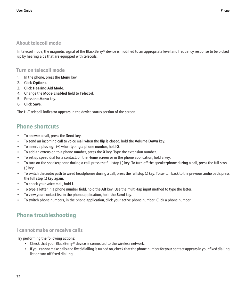 Phone shortcuts, Phone troubleshooting, About telecoil mode | Turn on telecoil mode, I cannot make or receive calls | Blackberry Pearl 8220 User Manual | Page 34 / 277