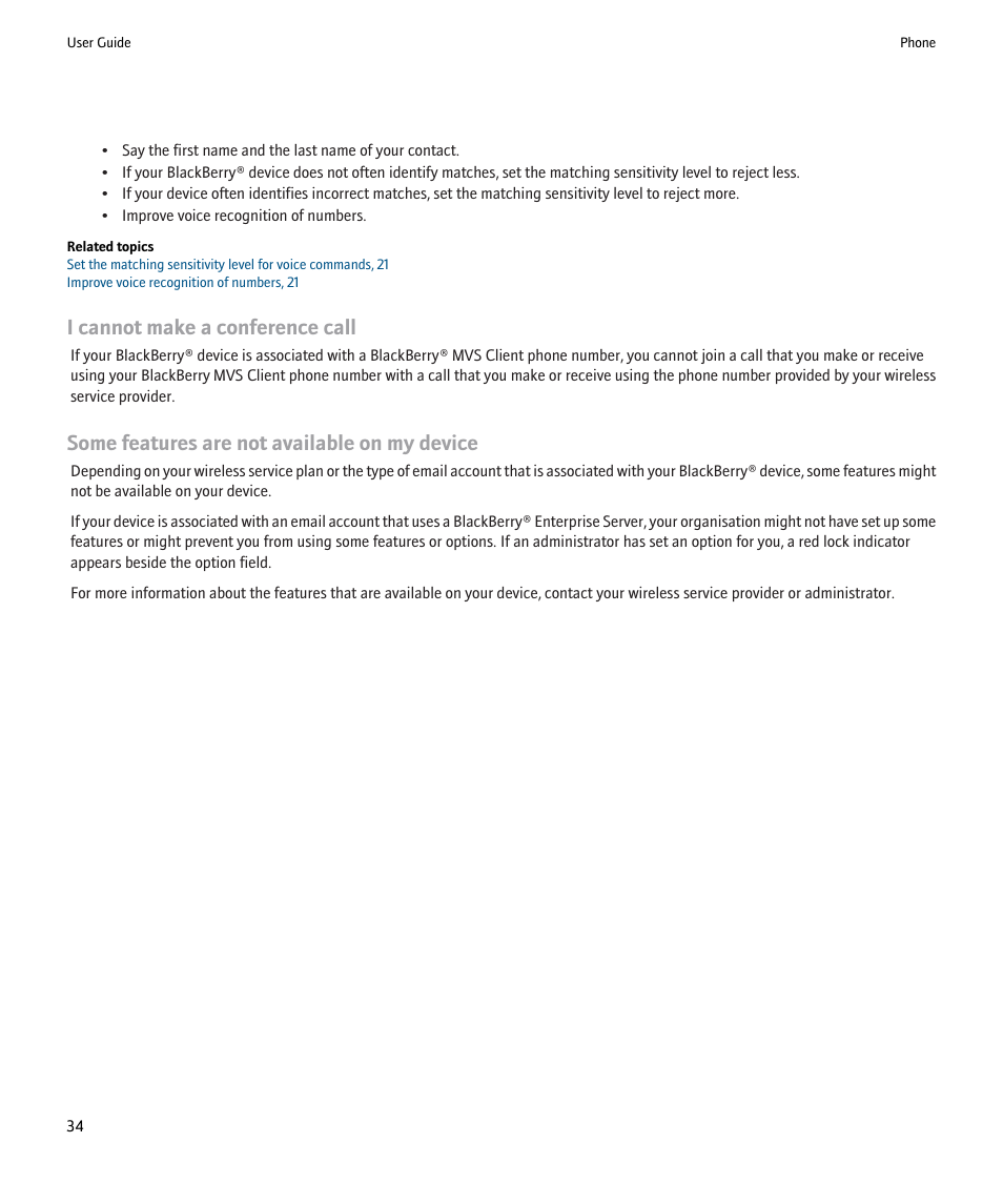 I cannot make a conference call, Some features are not available on my device | Blackberry Pearl 8220 User Manual | Page 36 / 277