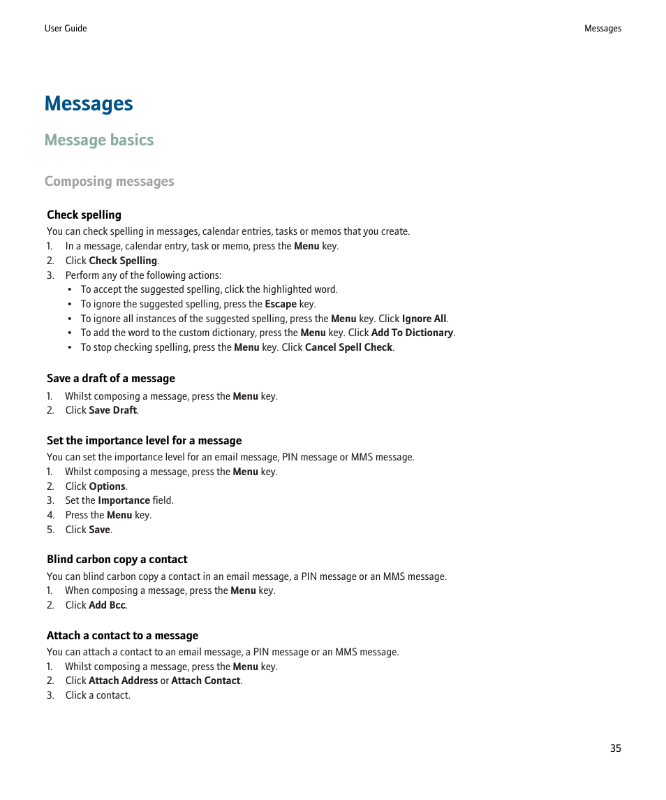 Messages, Message basics, Composing messages | Blackberry Pearl 8220 User Manual | Page 37 / 277
