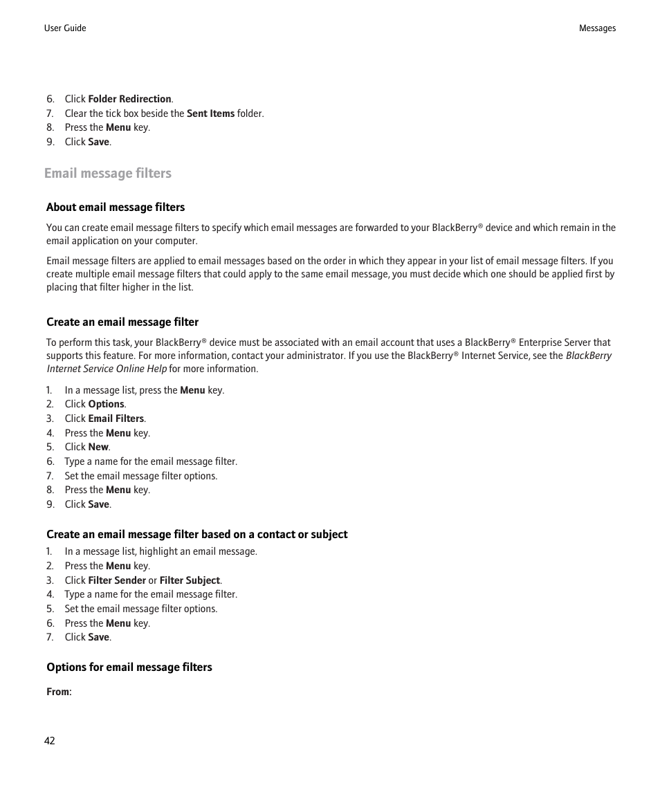 Email message filters | Blackberry Pearl 8220 User Manual | Page 44 / 277