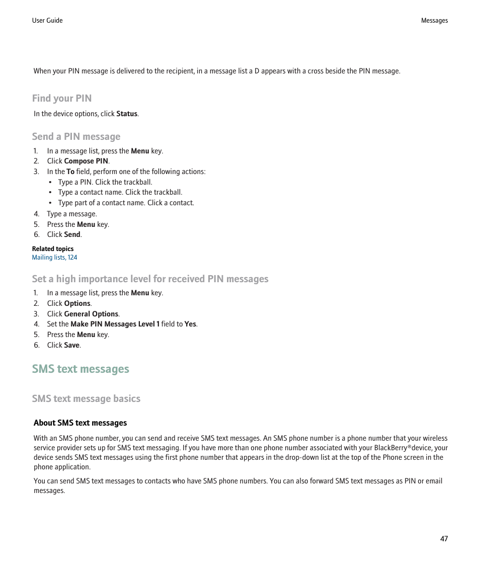 Sms text messages, Find your pin, Send a pin message | Sms text message basics | Blackberry Pearl 8220 User Manual | Page 49 / 277