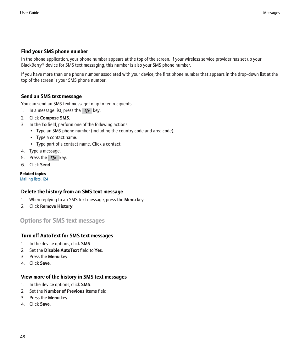 Options for sms text messages | Blackberry Pearl 8220 User Manual | Page 50 / 277