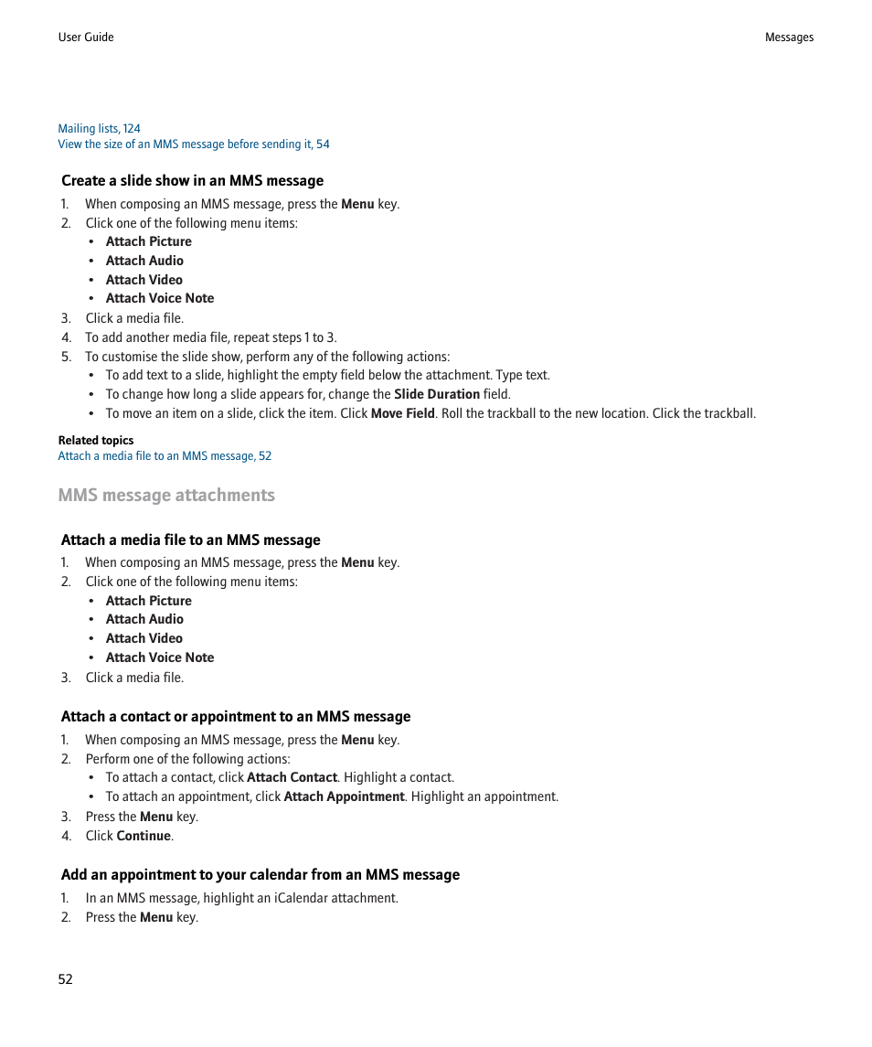 Mms message attachments | Blackberry Pearl 8220 User Manual | Page 54 / 277