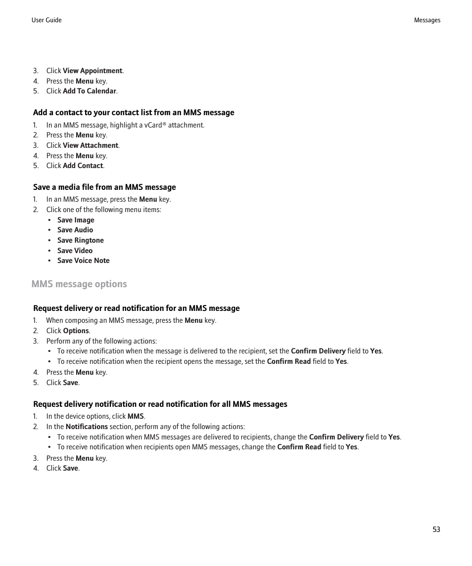 Mms message options | Blackberry Pearl 8220 User Manual | Page 55 / 277
