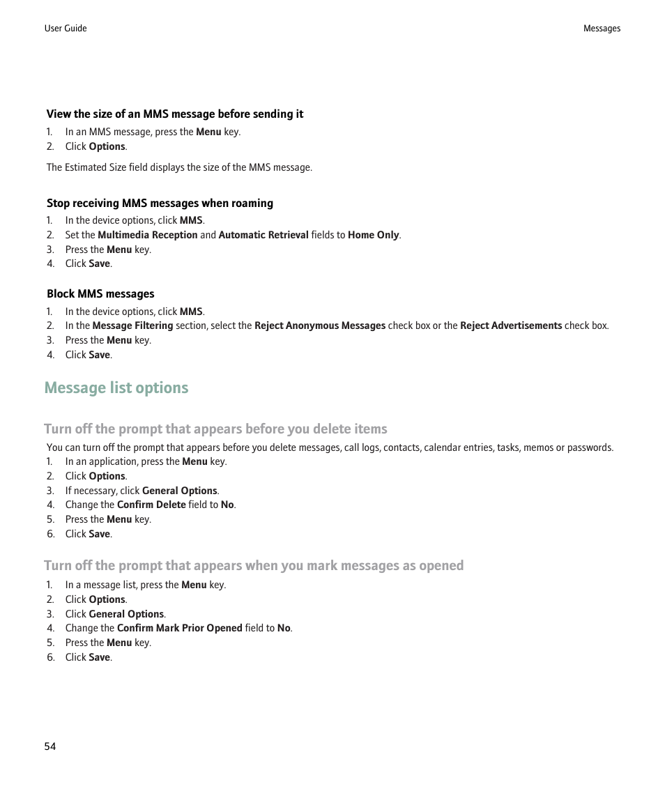 Message list options | Blackberry Pearl 8220 User Manual | Page 56 / 277