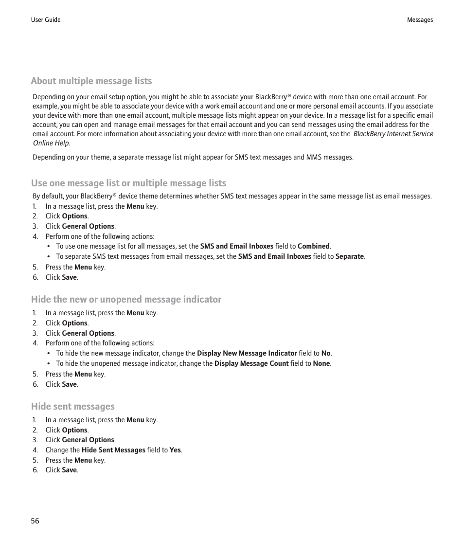 About multiple message lists, Use one message list or multiple message lists, Hide the new or unopened message indicator | Hide sent messages | Blackberry Pearl 8220 User Manual | Page 58 / 277