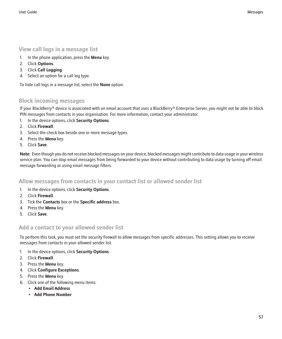 View call logs in a message list, Block incoming messages, Add a contact to your allowed sender list | Blackberry Pearl 8220 User Manual | Page 59 / 277