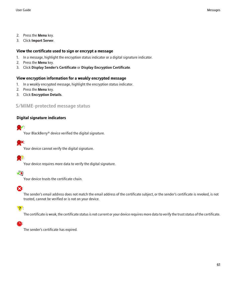 S/mime-protected message status | Blackberry Pearl 8220 User Manual | Page 63 / 277