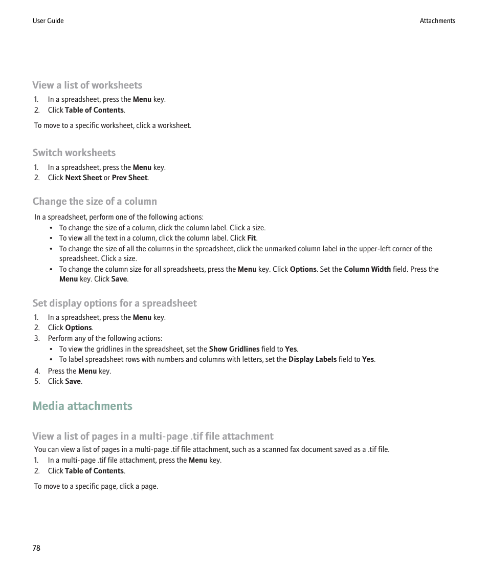 Media attachments, View a list of worksheets, Switch worksheets | Change the size of a column, Set display options for a spreadsheet | Blackberry Pearl 8220 User Manual | Page 80 / 277