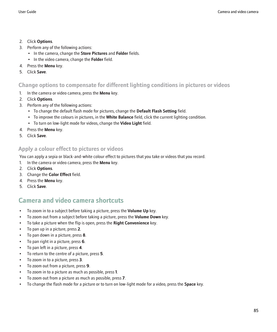Camera and video camera shortcuts, Apply a colour effect to pictures or videos | Blackberry Pearl 8220 User Manual | Page 87 / 277