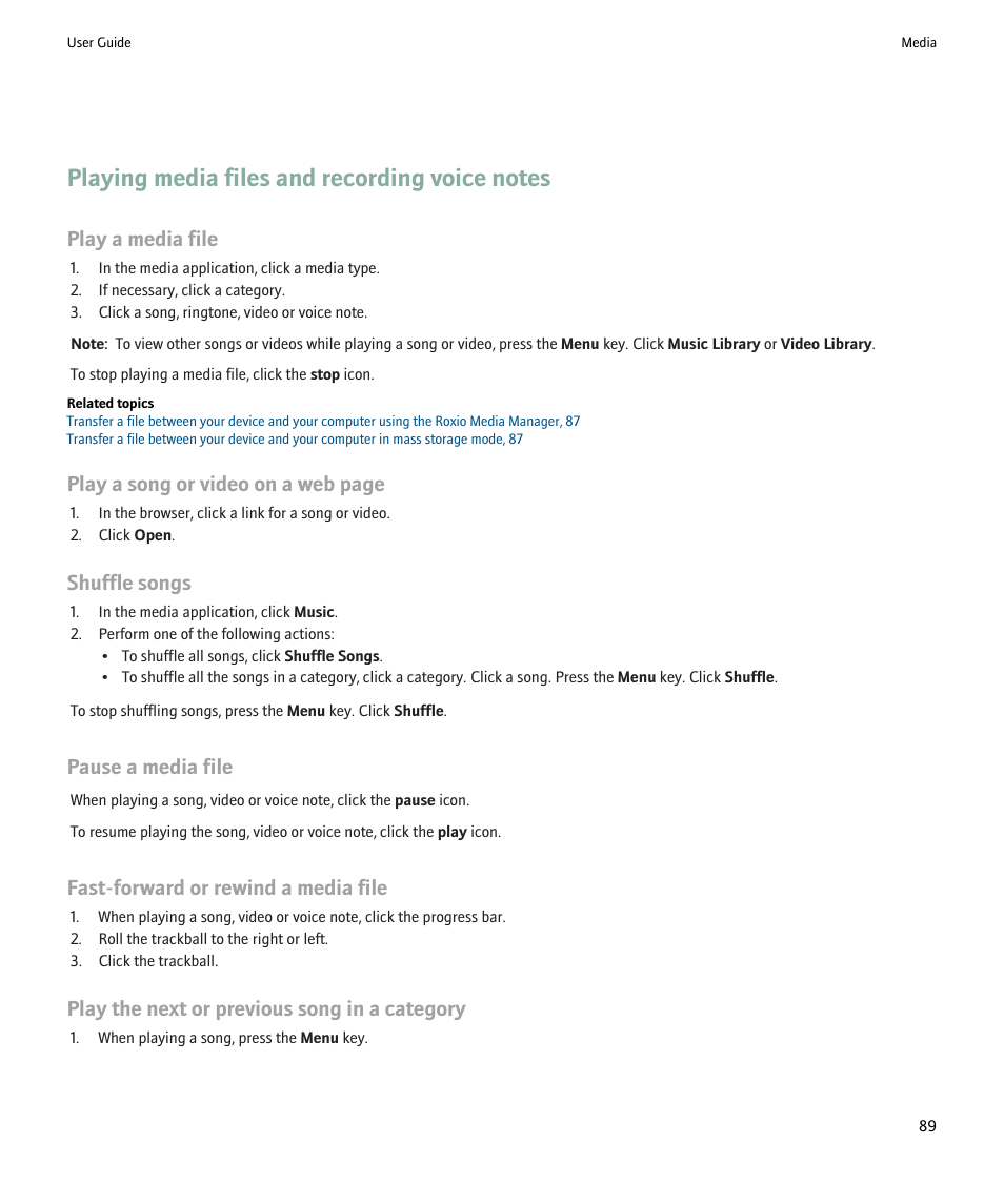 Playing media files and recording voice notes, Play a media file, Play a song or video on a web page | Shuffle songs, Pause a media file, Fast-forward or rewind a media file, Play the next or previous song in a category | Blackberry Pearl 8220 User Manual | Page 91 / 277