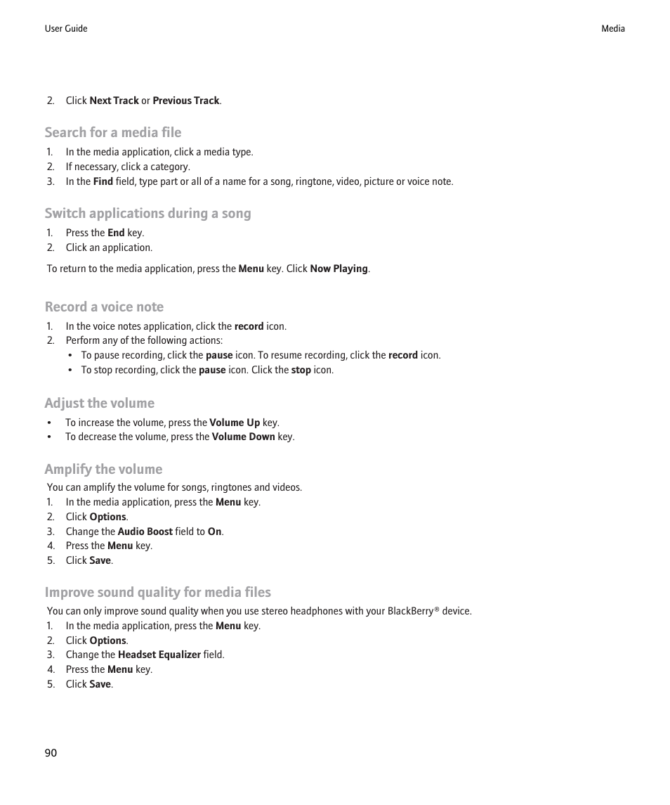 Search for a media file, Switch applications during a song, Adjust the volume | Amplify the volume, Improve sound quality for media files | Blackberry Pearl 8220 User Manual | Page 92 / 277