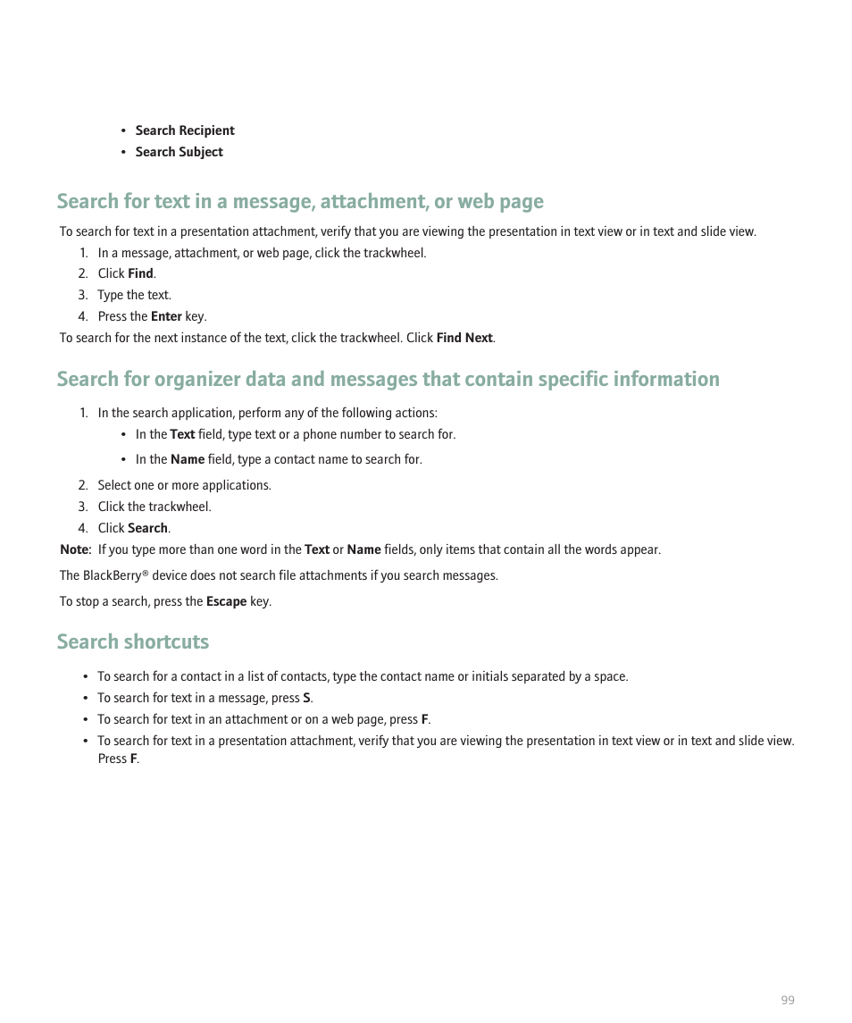 Search shortcuts | Blackberry 8707 User Manual | Page 101 / 323