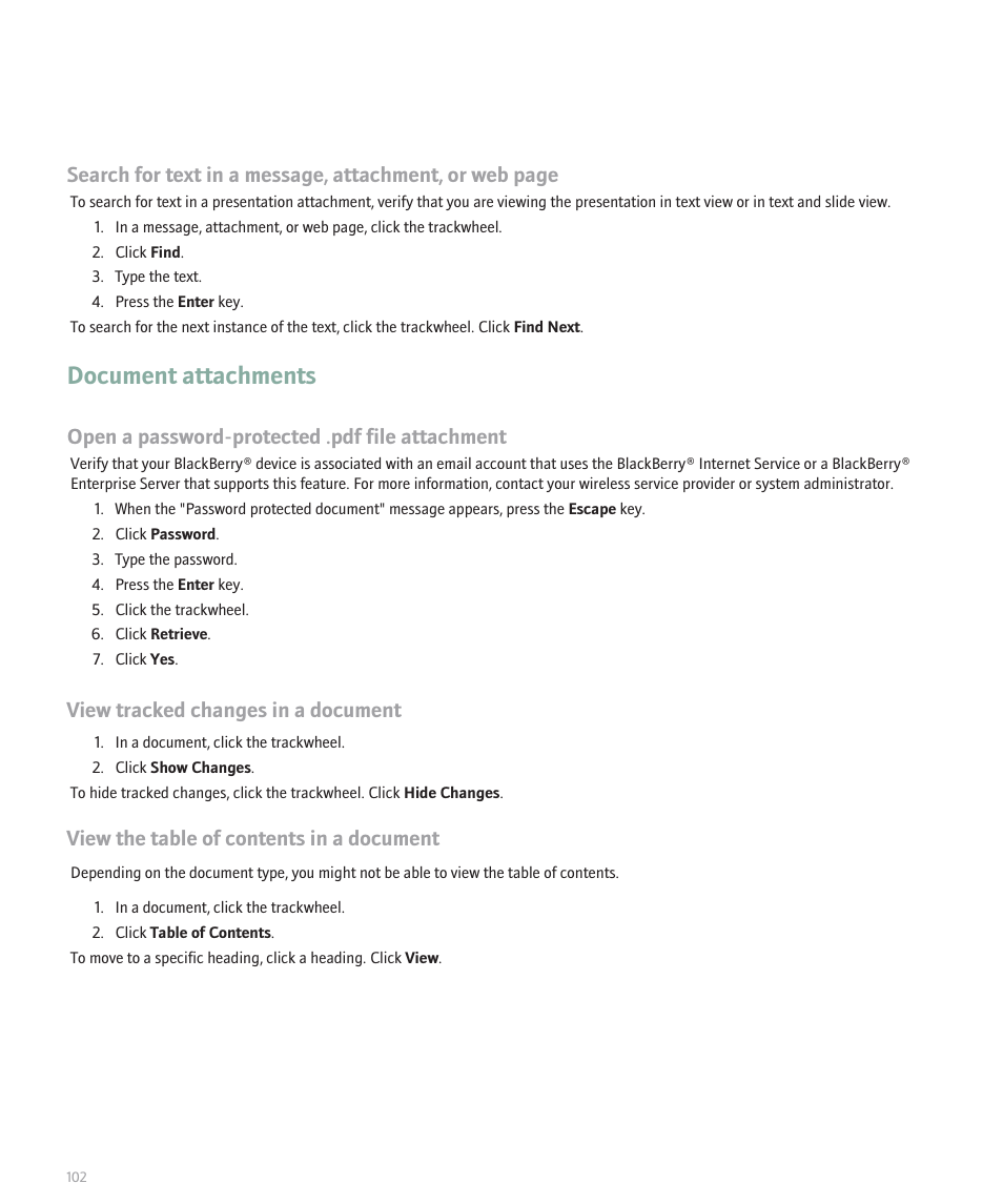Document attachments, Open a password-protected .pdf file attachment, View tracked changes in a document | View the table of contents in a document | Blackberry 8707 User Manual | Page 104 / 323