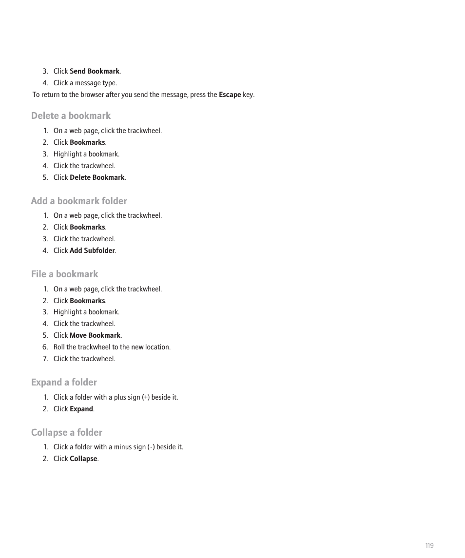 Delete a bookmark, Add a bookmark folder, File a bookmark | Expand a folder, Collapse a folder | Blackberry 8707 User Manual | Page 121 / 323