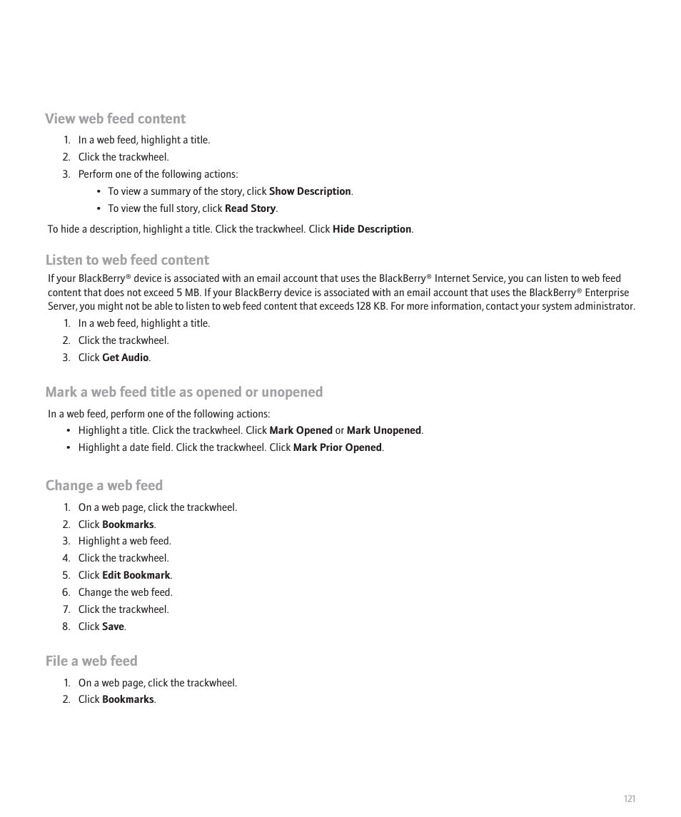 View web feed content, Listen to web feed content, Mark a web feed title as opened or unopened | Change a web feed, File a web feed | Blackberry 8707 User Manual | Page 123 / 323