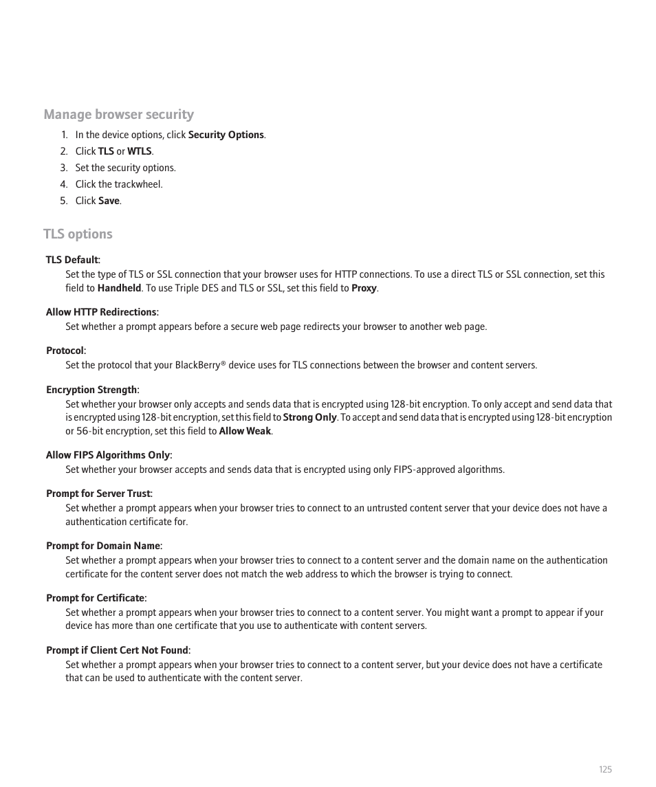 Manage browser security, Tls options | Blackberry 8707 User Manual | Page 127 / 323
