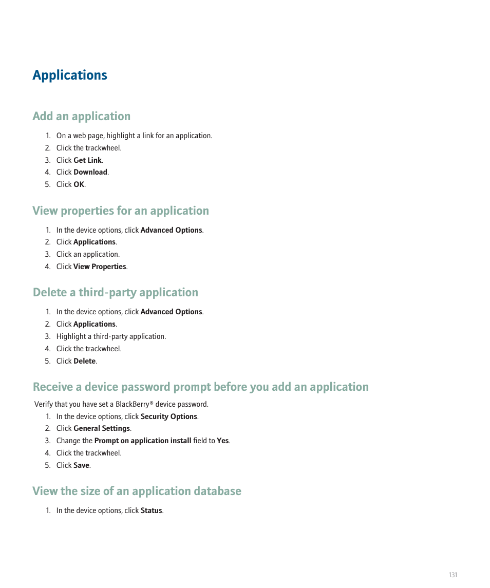 Applications, Add an application, View properties for an application | Delete a third-party application, View the size of an application database | Blackberry 8707 User Manual | Page 133 / 323