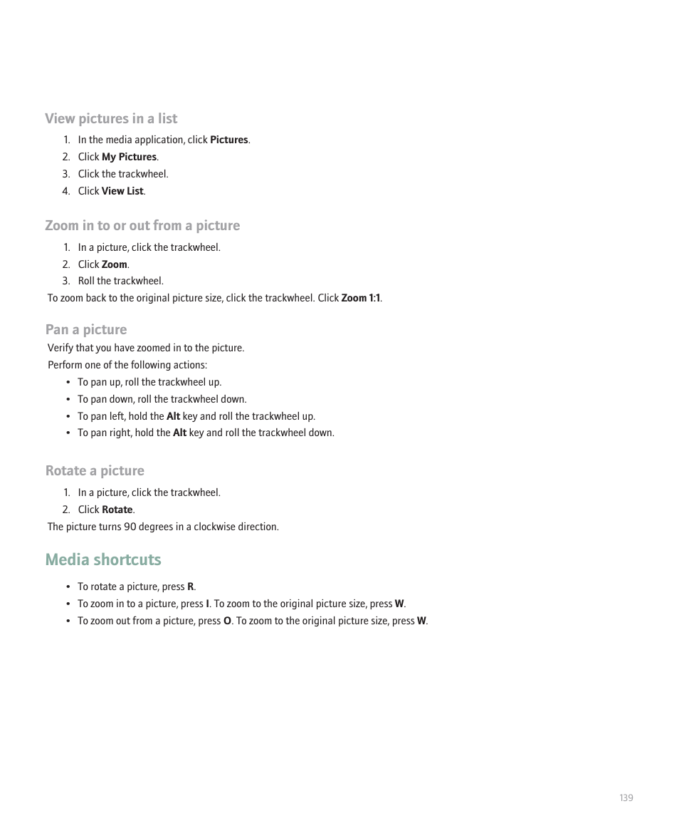 Media shortcuts, View pictures in a list, Zoom in to or out from a picture | Pan a picture, Rotate a picture | Blackberry 8707 User Manual | Page 141 / 323