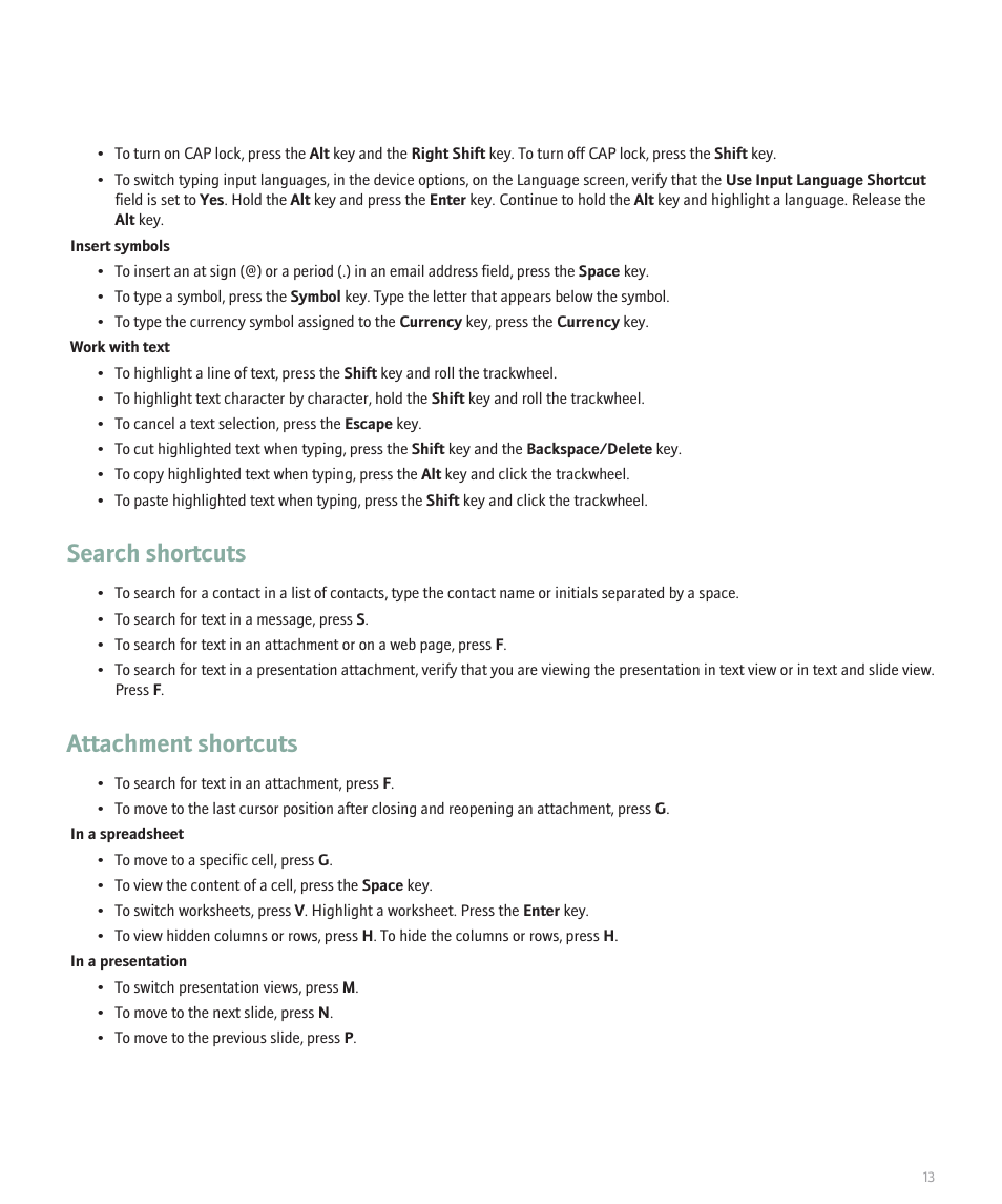 Search shortcuts, Attachment shortcuts | Blackberry 8707 User Manual | Page 15 / 323