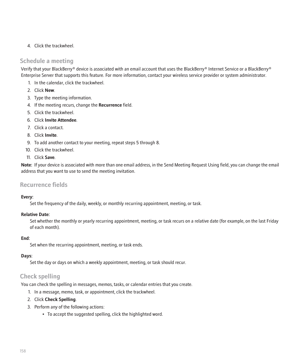 Schedule a meeting, Recurrence fields, Check spelling | Blackberry 8707 User Manual | Page 160 / 323