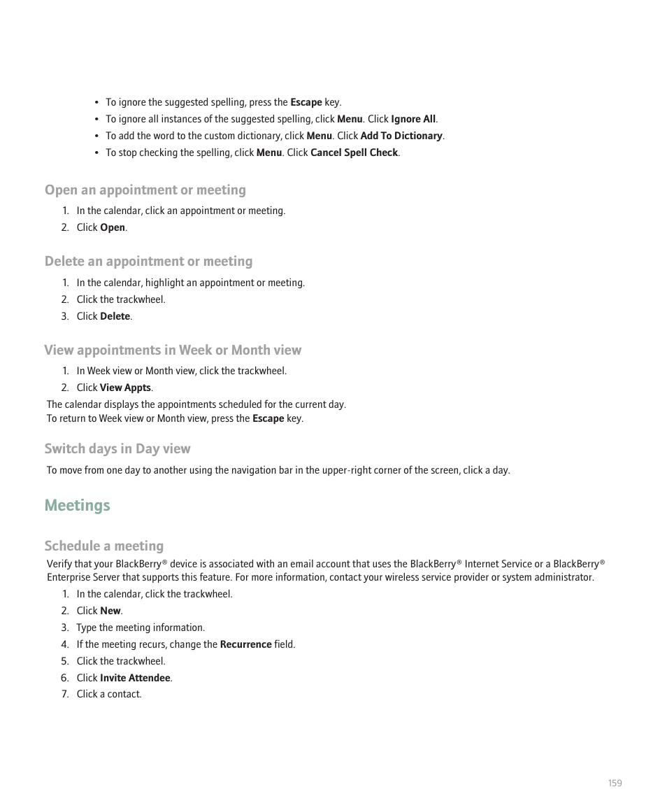 Meetings, Open an appointment or meeting, Delete an appointment or meeting | View appointments in week or month view, Switch days in day view, Schedule a meeting | Blackberry 8707 User Manual | Page 161 / 323