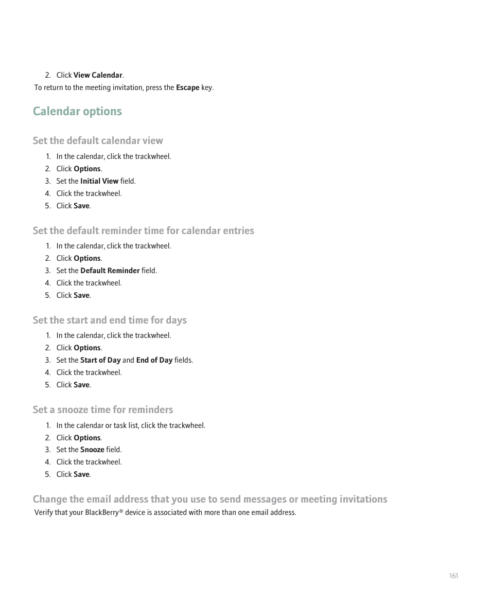 Calendar options, Set the default calendar view, Set the default reminder time for calendar entries | Set the start and end time for days, Set a snooze time for reminders | Blackberry 8707 User Manual | Page 163 / 323