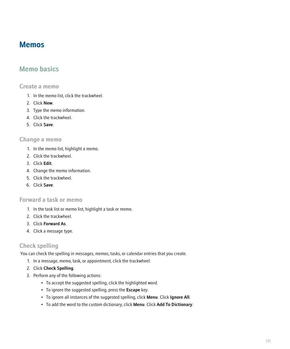 Memos, Memo basics, Check spelling | Blackberry 8707 User Manual | Page 173 / 323