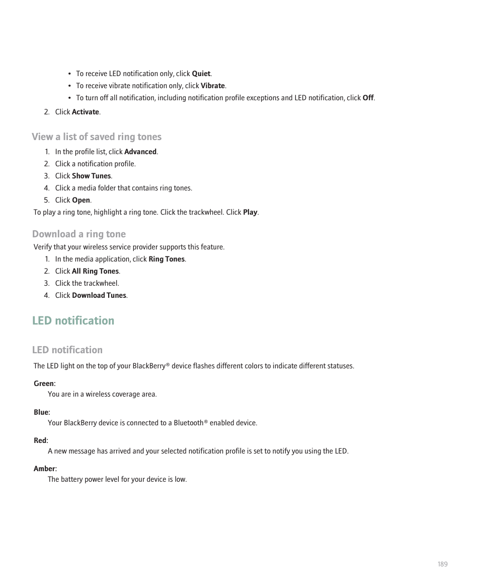 Led notification, View a list of saved ring tones, Download a ring tone | Blackberry 8707 User Manual | Page 191 / 323