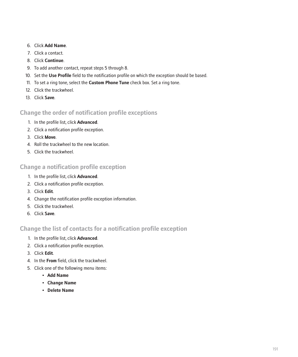 Change a notification profile exception | Blackberry 8707 User Manual | Page 193 / 323