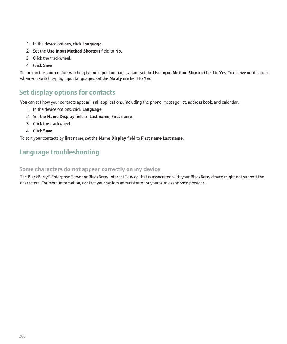 Language troubleshooting, Set display options for contacts | Blackberry 8707 User Manual | Page 210 / 323