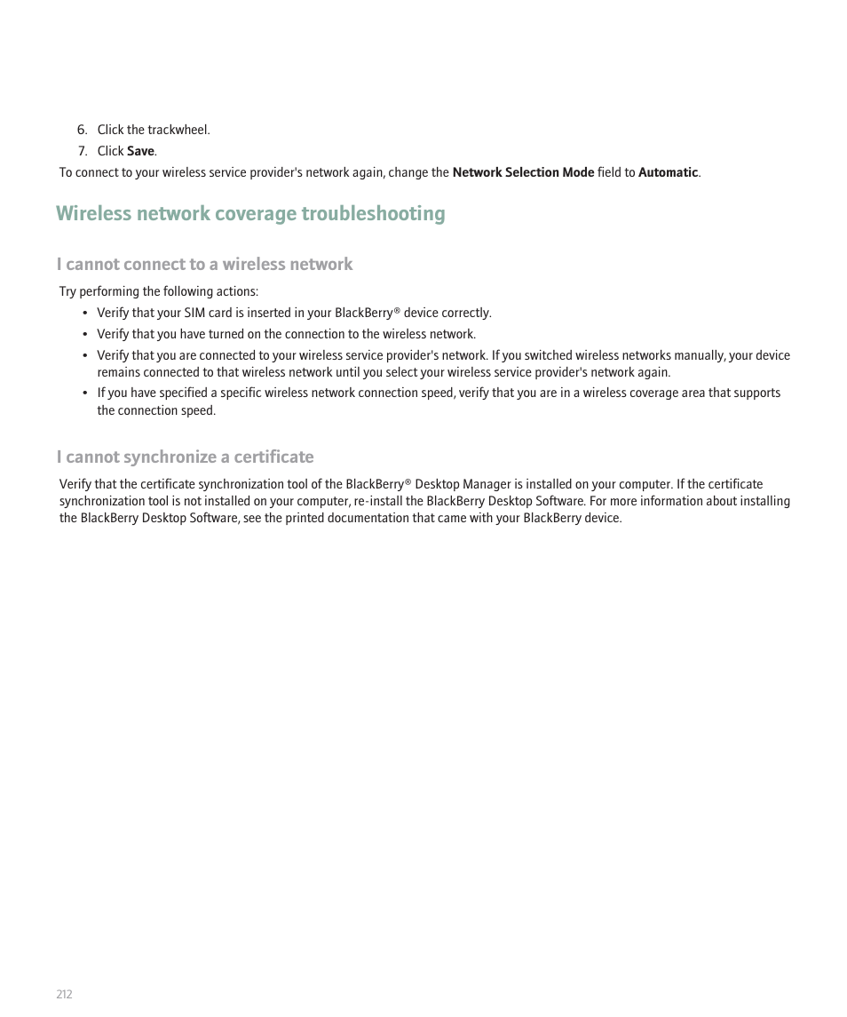 Wireless network coverage troubleshooting, I cannot connect to a wireless network, I cannot synchronize a certificate | Blackberry 8707 User Manual | Page 214 / 323