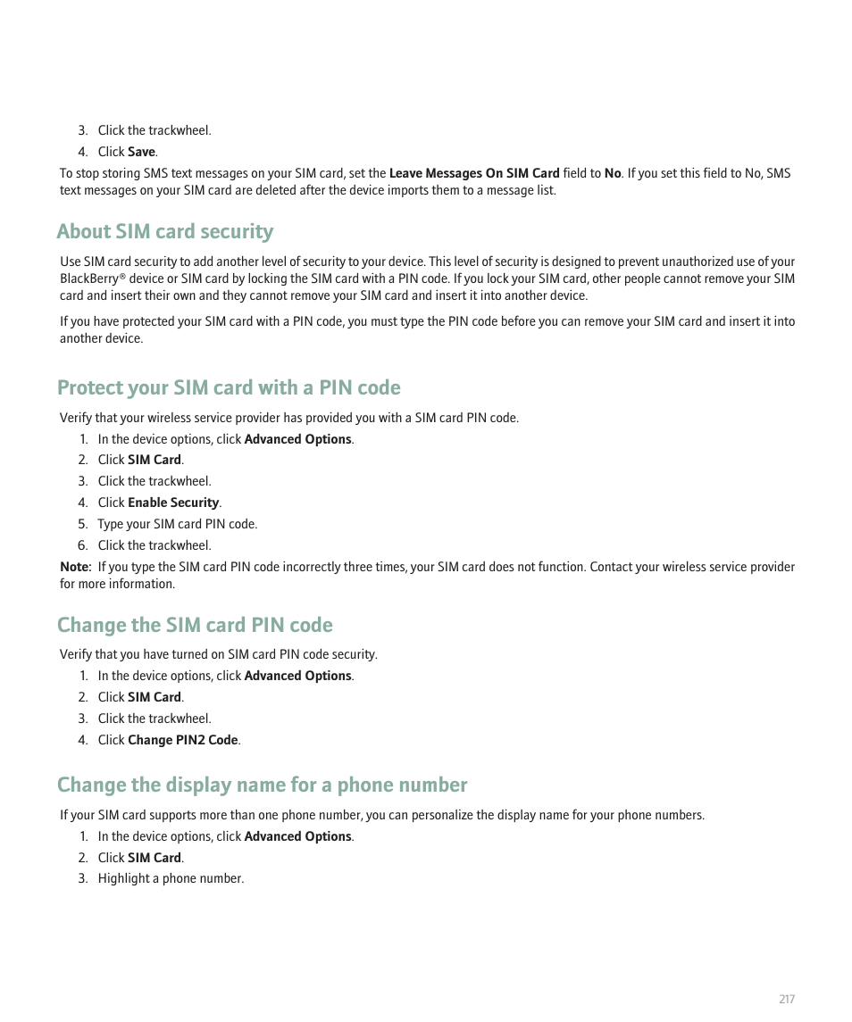 About sim card security, Protect your sim card with a pin code, Change the sim card pin code | Change the display name for a phone number | Blackberry 8707 User Manual | Page 219 / 323