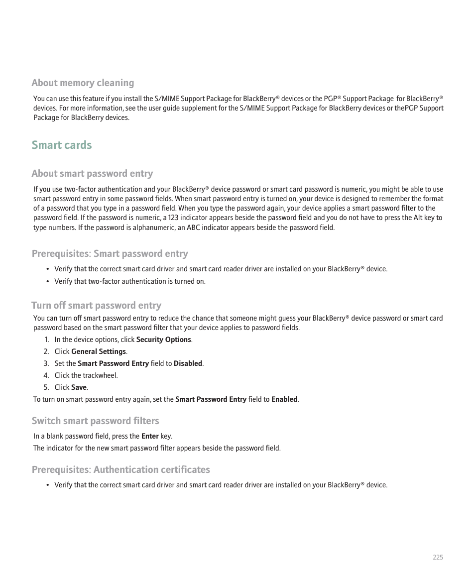 Smart cards, About smart password entry, Prerequisites: smart password entry | Turn off smart password entry, Switch smart password filters, Prerequisites: authentication certificates | Blackberry 8707 User Manual | Page 227 / 323